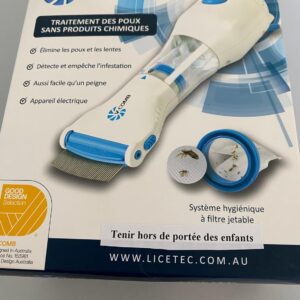 Peigne anti-poux électrique V-Comb avec système d'aspiration et filtre jetable, vue produit