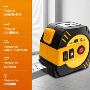Mètre laser rechargeable noir et jaune avec écran digital et ruban intégré