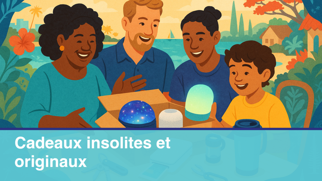 Idées de cadeau insolite original en Nouvelle-Calédonie disposées autour d'un colis