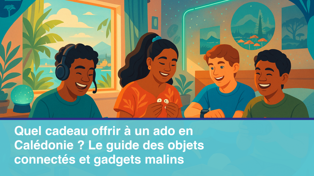Idée cadeau ado en Nouvelle-Calédonie : adolescents calédoniens entourés de gadgets connectés