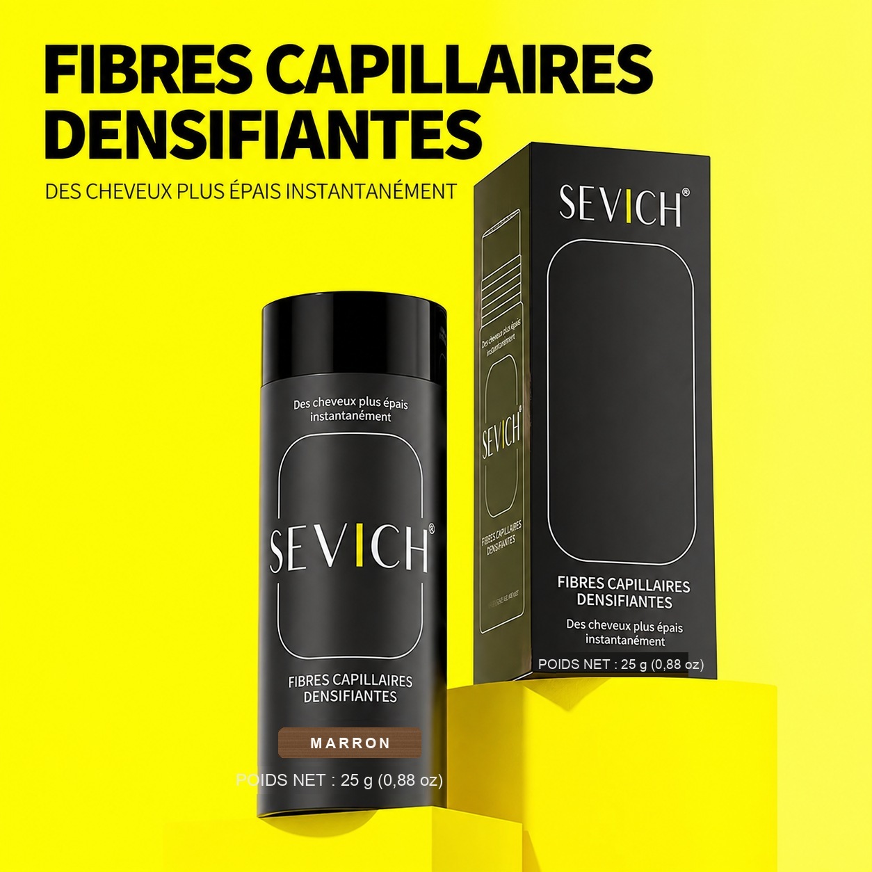 Poudre capillaire densifiante SEVICH 25 g — flacon et boîte, visuel officiel en français