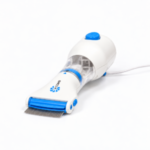 Peigne électrique à aspiration V-COMB blanc et bleu, chambre transparente et dents métalliques, sur fond blanc