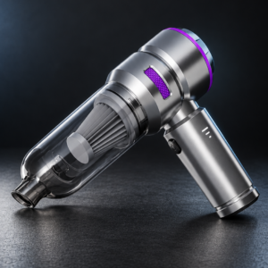 Aspirateur sans fil gris avec réservoir transparent et détails violets sur fond anthracite
