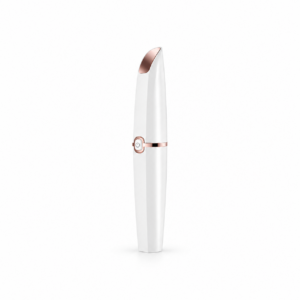 Tondeuse de précision blanche avec capuchon fermé, détails or rose et bouton latéral, sur fond blanc
