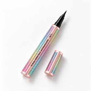 Eyeliner rose irisé à pointe noire, avec son capuchon séparé sur fond blanc