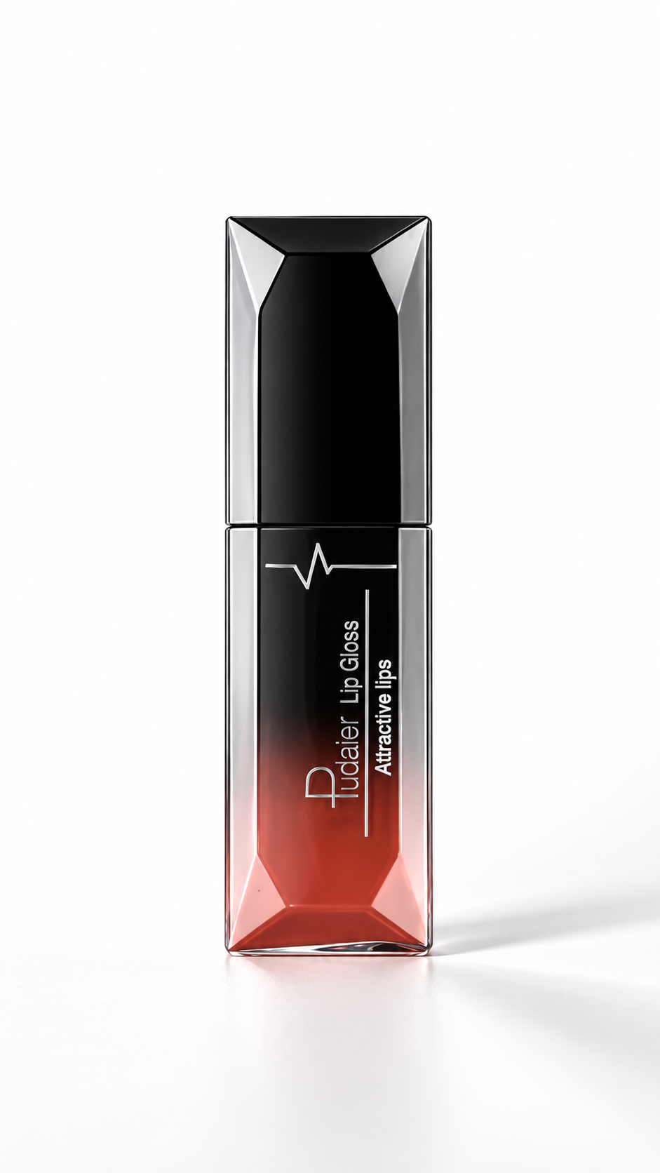 Gloss à lèvres Pudaier N°12, flacon facetté noir et teinte brique sur fond blanc