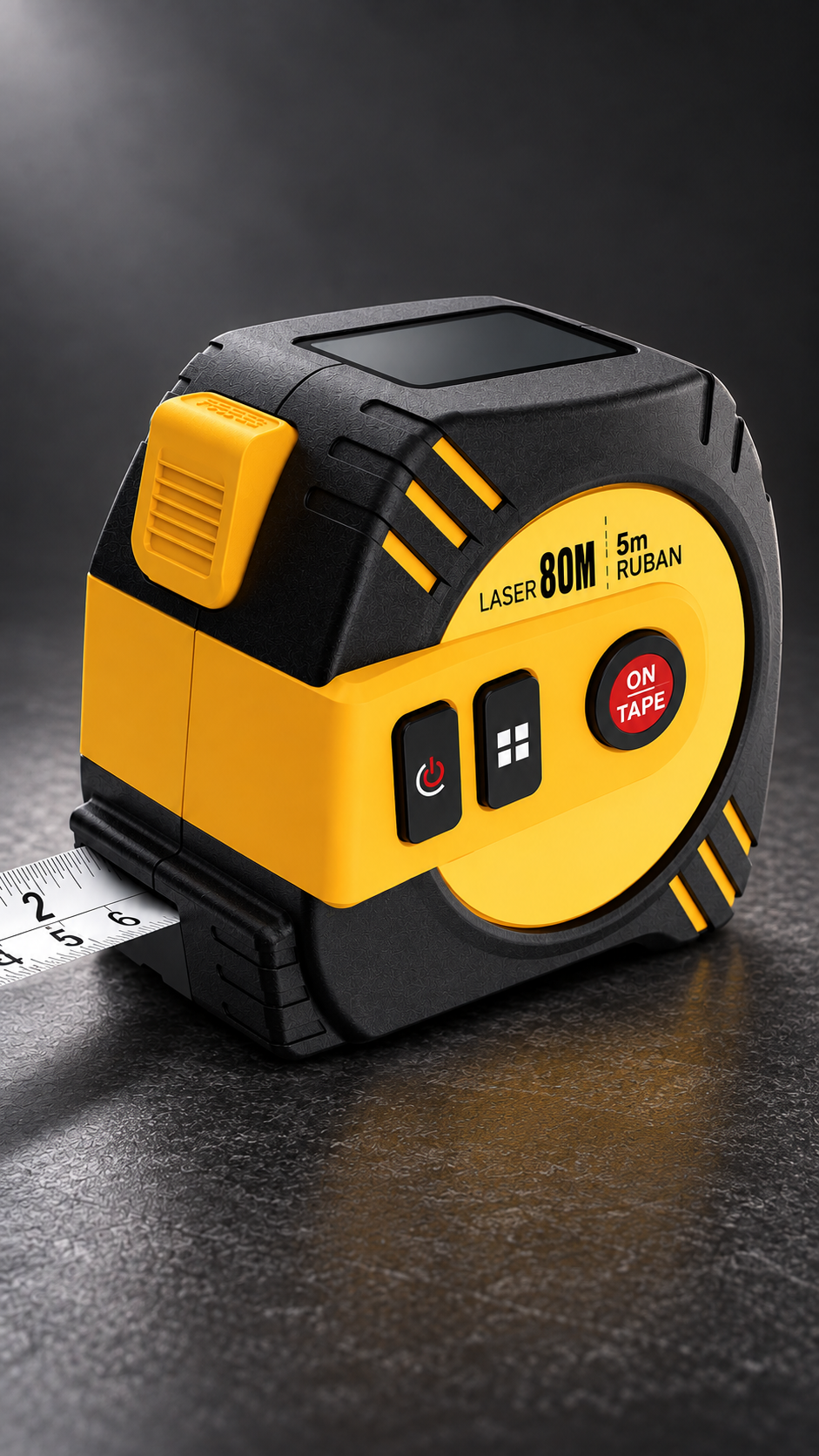 Mètre laser à ruban rechargeable jaune et noir, écran de mesure sur le dessus et ruban déployé, sur fond graphite