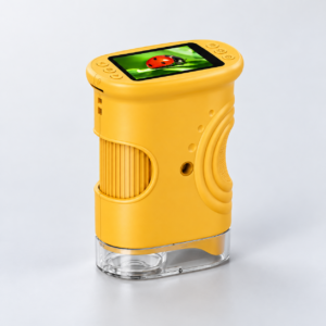 Microscope numérique jaune avec écran intégré, molette latérale et base transparente, sur fond clair