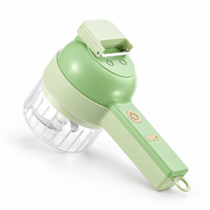 Mini hachoir électrique vert clair avec poignée intégrée et bol transparent, sur fond blanc