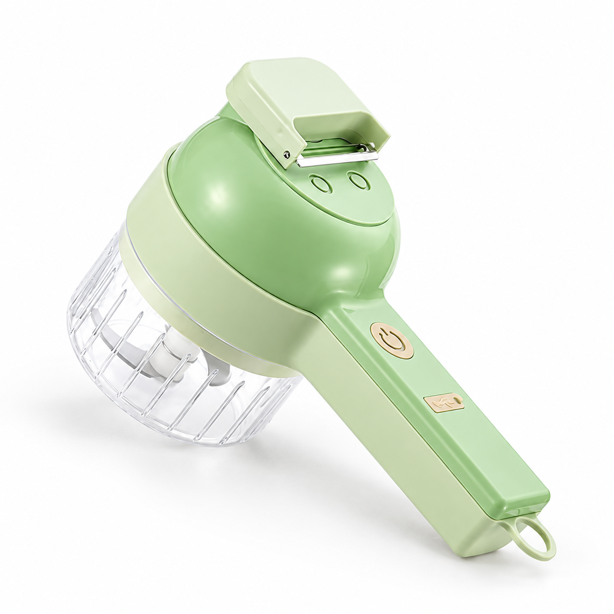 Mini hachoir électrique vert clair avec poignée intégrée et bol transparent, sur fond blanc