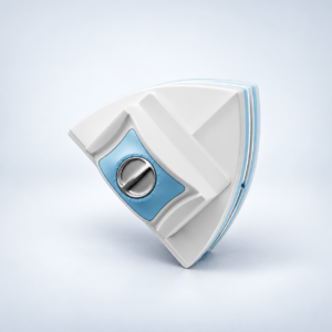 Nettoyeur de vitre aimanté triangulaire blanc et bleu sur fond clair