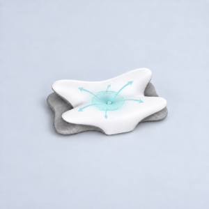 Oreiller cervical blanc et gris, avec les flèches bleues explicatives au centre