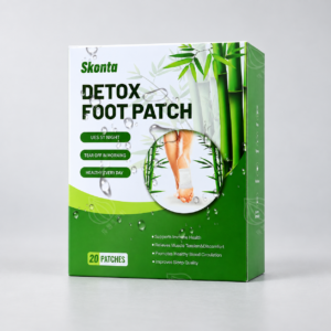 Boîte verte et blanche Skonta de patchs pour les pieds, entière sur fond clair