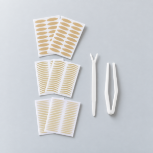 Bandes adhésives pour paupières sur leurs supports, avec applicateur et pince blancs sur fond clair