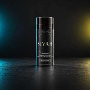 Flacon de poudre capillaire densifiante Sevich 25 g, teinte noir, sur fond sombre avec éclairage studio