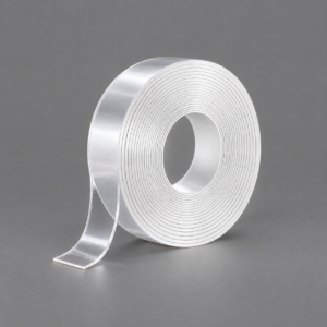 Rouleau de ruban adhésif double face transparent avec une extrémité déroulée, sur fond gris