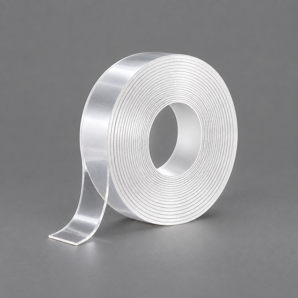 Rouleau de ruban adhésif double face transparent avec une extrémité déroulée, sur fond gris