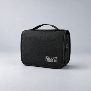 Trousse de toilette noire fermée avec poignée et fermeture à glissière sur fond gris